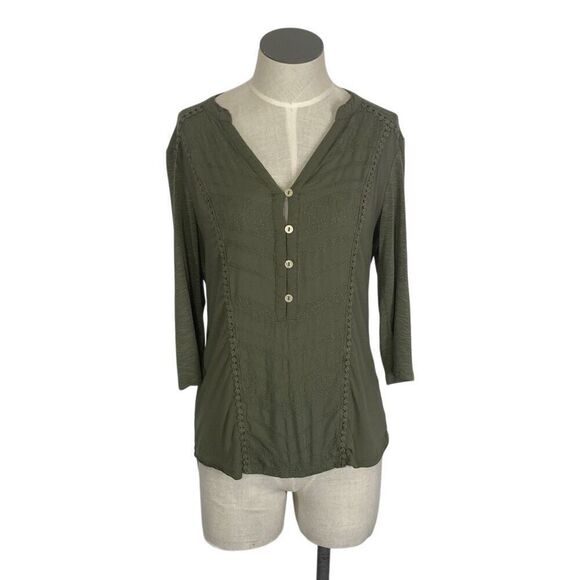 Democracy XS Sage Green Top Festival Boho Cottagecore 3/4 Sleeves Embroidered - Picture 2 of 7